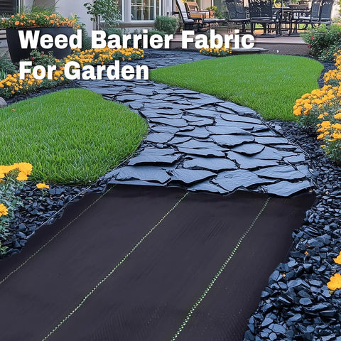 Heavy Duty Weed Barrier Landscape Fabric For Gardens And Lawns, installed on a garden path, visible flowers and stones