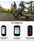 Display of Compact GPS Cycling Computer capturing connectivity features with bike, rider in background
