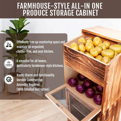 Two In One Wooden Potato And Onion Storage Bin With Lid And Mesh Doors Stackable Bread And Vegetable Cabinet For Kitchen Space Saving Rustic Pantry Organizer For Potatoes Onions Fruit And More showing a wooden cabinet with potatoes and onions.