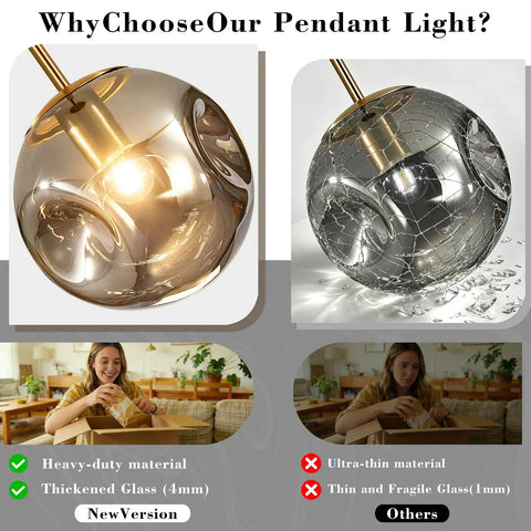 Modern Smoke Gray Glass Globe Pendant Light 3 Pack, 7.87" Hardwired Brass Pendant highlighting thick glass versus fragile glass.