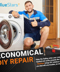 Man kneeling next to a washing machine, illustrating an economical DIY repair using a Washer Clutch Assembly Kit And Motor Coupling.