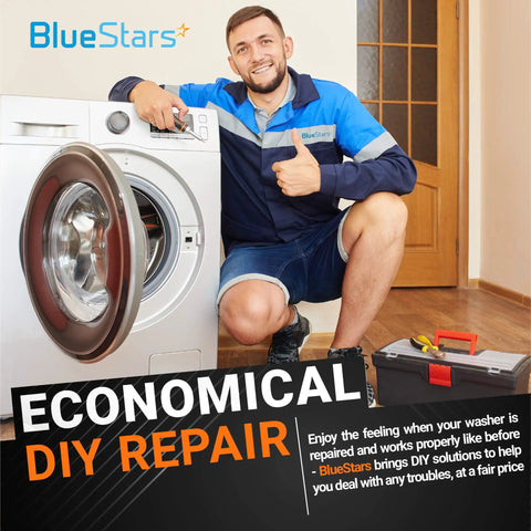 Man kneeling next to a washing machine, illustrating an economical DIY repair using a Washer Clutch Assembly Kit And Motor Coupling.