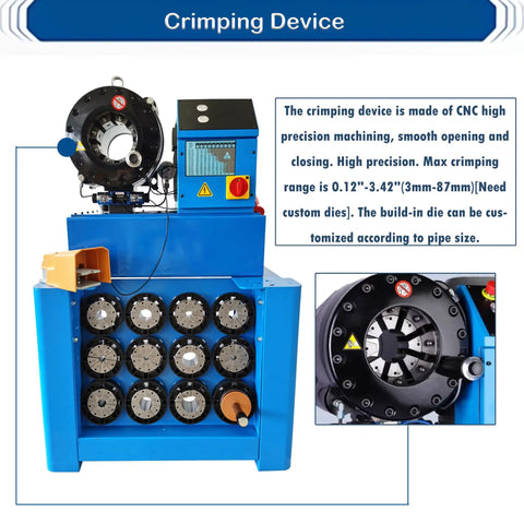 Professional Hydraulic Hose Crimping Machine Slick 0.55 To 2.72 Inch Electric Rubber Hose Press with CNC precision dies.