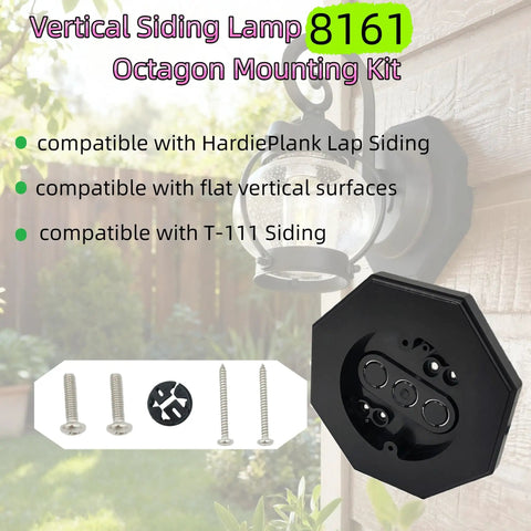 Vertical Siding Lamp Mounting Kit With Built In Electrical Box For Outdoor Lighting, Octagon Mounting Block Two Pack, Fits Smooth Flat Surfaces, Easy Install, Weatherproof Black; black octagon wall plate with screws