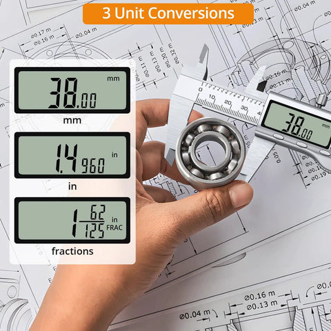 6 Inch Stainless Steel Digital Caliper With Feeler Gauge Set For Inside Outside Depth And Step Measurements, 0.001 Inch Precision, 0 to 6 Inch Range, LCD Display, Easy Read, Handy Machinist Tool For DIY Projects. showing unit conversions and bearing measurement