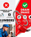 Comparison image showing 42 Foot Beast Mode Drain Snake And Hair Clog Remover, Drill Powered Plumbing Auger for Kitchen and Bath, Red.