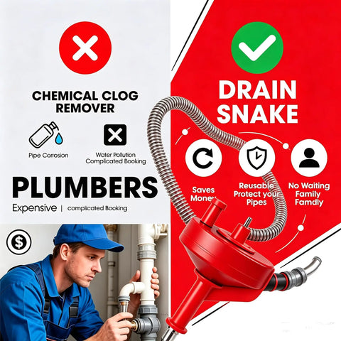 Comparison image showing 42 Foot Beast Mode Drain Snake And Hair Clog Remover, Drill Powered Plumbing Auger for Kitchen and Bath, Red.