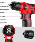 Red 8V Cordless Drill Set With 126-Piece Hand Tool Kit For Women, close-up of keyless chuck, LED light, and soft grip handle