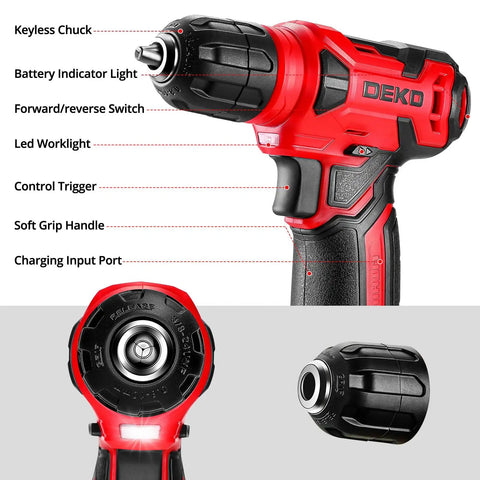 Red 8V Cordless Drill Set With 126-Piece Hand Tool Kit For Women, close-up of keyless chuck, LED light, and soft grip handle