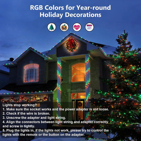 164 Ft 500 LED RGB Color Changing String Lights With Remote Dimmable Indoor Outdoor Fairy Lights on house and tree.