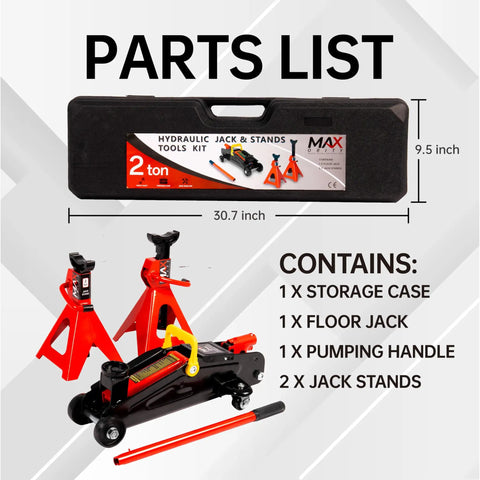 Beefy 2 Ton Hydraulic Low Profile Trolley Floor Jack With Blow Mold Carrying Case And 1 Pair 2 Ton Jack Stands For Home Garage