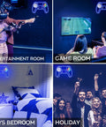 Gamepad Shaped LED Neon Sign in various settings: entertainment room, game room, boys bedroom, holiday party.