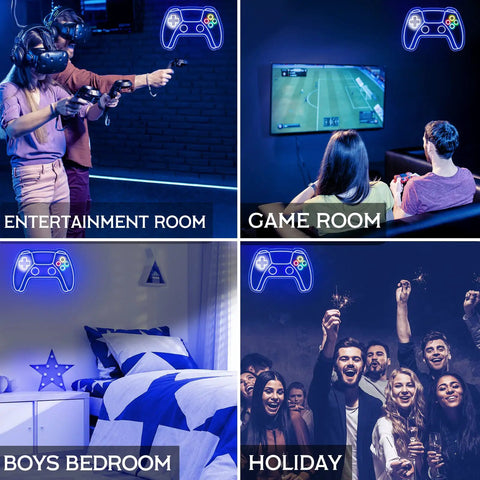 Gamepad Shaped LED Neon Sign in various settings: entertainment room, game room, boys bedroom, holiday party.