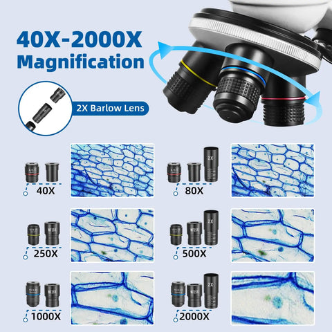 All In One Microscope Kit For Home Science Nerds And Curious Minds 40X To 2000X Monocular With 2X Barlow lens and magnification chart