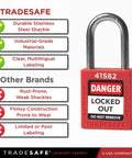 Red Lockout Padlocks Set Ten Keyed Alike With Two Keys Per Lock For Lockout Tagout Stations OSHA Compliant Premium Grade Use In Industrial Safety LOTO Ready For Everyday Use, featuring durable stainless steel shackle and clear multilingual labeling.