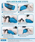 Vloxo 4 Volt Cordless Electric Cardboard Cutter Scissors showing blade replacement steps with gloves and hex wrench.