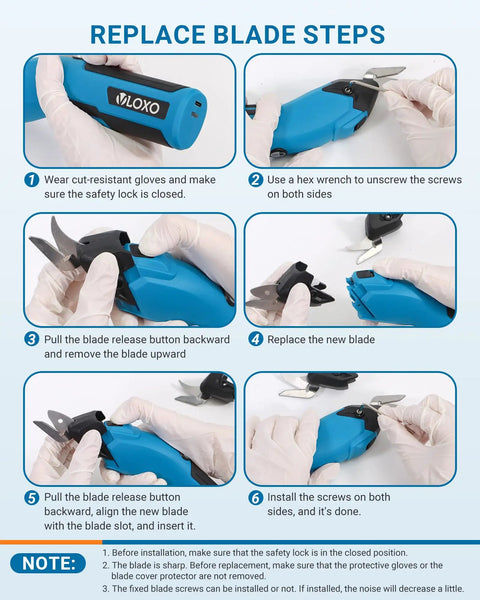 Vloxo 4 Volt Cordless Electric Cardboard Cutter Scissors showing blade replacement steps with gloves and hex wrench.