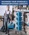 Person carrying Beastly Drying Power Industrial Strength 3000 CFM Air Mover next to stack of blowers in warehouse