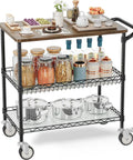Rolling Kitchen Cart With Wheels, 3-Tier Heavy Duty Utility Cart With Wood Top, NSF-Listed Metal Serving Cart With Handle, 34 L x 17.5 W, Black