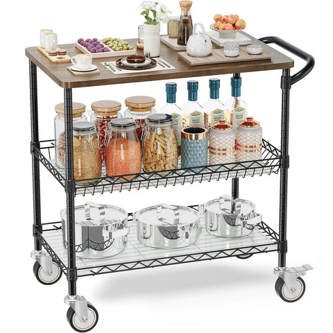 Rolling Kitchen Cart With Wheels, 3-Tier Heavy Duty Utility Cart With Wood Top, NSF-Listed Metal Serving Cart With Handle, 34 L x 17.5 W, Black