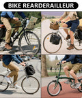 Cyclists on various bicycles with RD-TZ500 6/7 Speed Rear Derailleur Direct Mount for Mountain and Road Bikes.