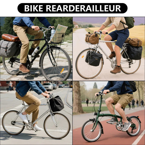 Cyclists on various bicycles with RD-TZ500 6/7 Speed Rear Derailleur Direct Mount for Mountain and Road Bikes.