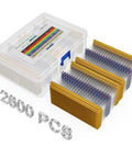 Massive 2600 Piece Resistor Kit With 130 Different Values From One Ohm To Three Megaohms, storage box and resistors displayed