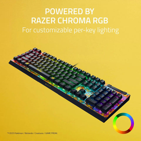 Next Level Gaming Setup Essential With Hella Tactile Green Mechanical Switches Featuring Officially Licensed Pokemon Graphics, RGB keyboard view.