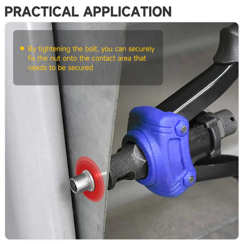 Solid 50 Pack 3/8 304 Stainless Steel Rivet Nuts shown being secured with a tool for auto repair and metal assembly.