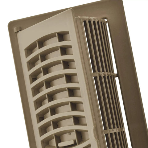 Close-up of Pop Up Floor Register 4 By 10 Inch Tan 5 Pack High Impact Polystyrene Rust Proof Scratch Resistant Use Closed For Conventional Register Open As Air Deflector Knockouts At Ends For Ceiling Install, showing the grille design.