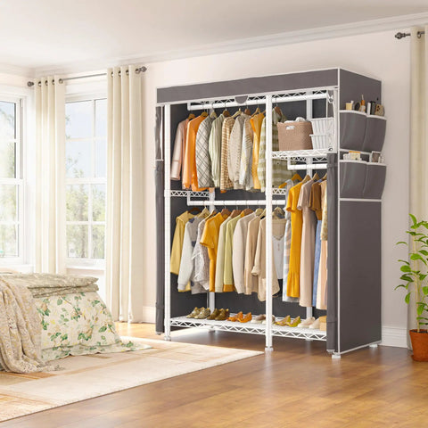 Straight Up Heavy Duty Rolling Clothes Rack With Removable Dust Cover Portable Closet Featuring Four Hanging Zones Adjustable Shelf And Smooth Gliding Wheels For Zero Hassle Storage