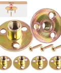 Rock Solid M10 Brad Hole Tee Nuts With Heavy Duty Carbon Steel T Nuts Flange Inserts And Matching Screws For Serious Round Base Mounting Hardware Jobs In A Massive 64 Piece Assortment Kit, showing four flange inserts and screws.