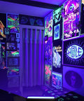 Walls with vibrant posters illuminated by Two Pack 50W LED Black Light Bar For Glow Parties And Party Vibes, UV 395-400nm.
