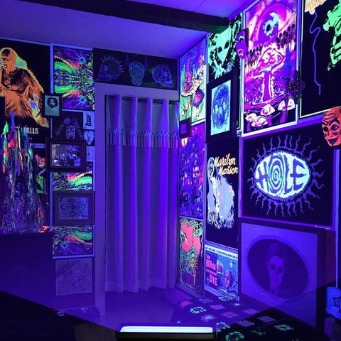 Walls with vibrant posters illuminated by Two Pack 50W LED Black Light Bar For Glow Parties And Party Vibes, UV 395-400nm.