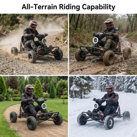 All-terrain outdoor use of 72V Electric Go Kart For Adults With QS Mid Motor 3kW Peak 25kW, in various weather conditions.