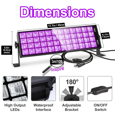 Dimensions and features of Three Pack Led Black Light Bar Ultraviolet Lamp 385 To 400 Nanometers For Home Parties Clubs.