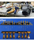 Before and after view of garage with Power Tool Organizer With Charging Station And Drill Holder Wall Mount Heavy Duty Solid Metal Pegboard Garage Shelving In Black Keeps Tools Handy And Tidy 2 Pack 4 Set.