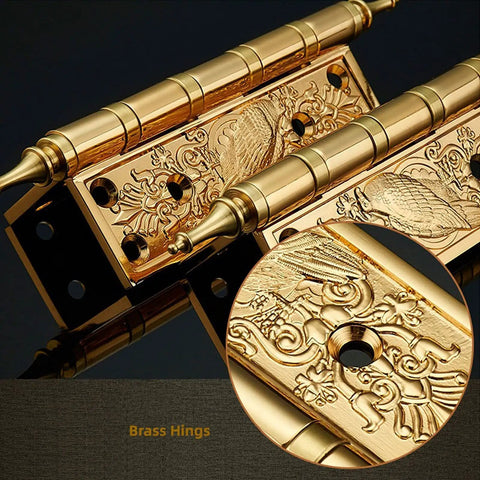 5-Inch European-Style Copper Door Hinge for Cabinets and Rooms, thick retro antique gold finish, detailed engraving, smooth operation