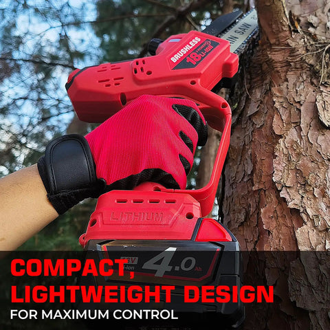 Person using 2 In 1 Brushless Cordless Mini Chainsaw With Auto Oil 8 Inch And 6 Inch Cutting Battery Powered Pruning Saw