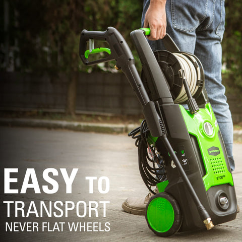 Person carrying 1700 PSI Electric Pressure Washer With 1.2 GPM Upright Hand Carry And PWMA Certified Lightweight on wheels