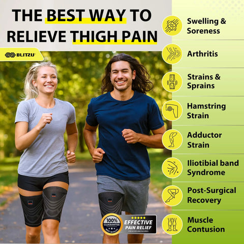 1 Pair Hamstring And Quad Compression Sleeves For Men And Women Upper Leg Thigh Support Anti Slip Running And Workouts Groin And Muscle Recovery Purple XL worn by two runners