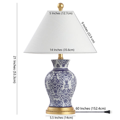 Blue And White Chinoiserie Ceramic Floral Table Lamp Set Of 2 With Linen Shade, 21 Inch Tall Vase Style Lamps For Living Room