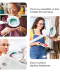 Three people using XL Pro Grade Magnifying Desk Lamp With Clamp And LED Light For Crafts Reading And Close Work Dimmable Magnifier.
