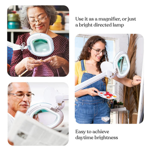 Hands Free LED Magnifying Glass With Adjustable Stand And Floor Lamp used for knitting, painting, and reading