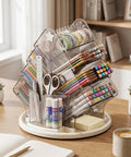 Sturdy Clear Swivel Makeup Organizer, 360 Slick Spin Lazy Susan Tray For Vanities with colorful pens and scissors.