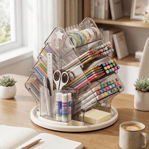 Sturdy Clear Swivel Makeup Organizer, 360 Slick Spin Lazy Susan Tray For Vanities with colorful pens and scissors.