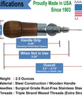Heavy Duty Sewing Awl Repair Tool For Bounce Houses Inflatables Leather Thick Fabric Shoes Bags And Upholstery Includes Needles And Thread Made In USA Pro Grade with measurements and materials displayed.