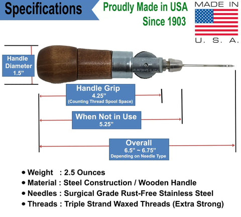 Heavy Duty Sewing Awl Repair Tool For Bounce Houses Inflatables Leather Thick Fabric Shoes Bags And Upholstery Includes Needles And Thread Made In USA Pro Grade with measurements and materials displayed.