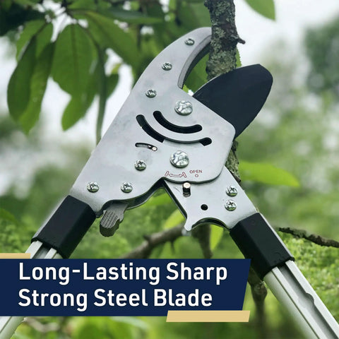 Close-up of Double Ratcheting Anvil Lopper with steel blade cutting branch, extendable handles, and visible locking positions.