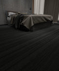 Peel And Stick Vinyl Floor Tiles Wood Plank Look Black Finish in bedroom, covering 36 sq ft with bed and curtains visible